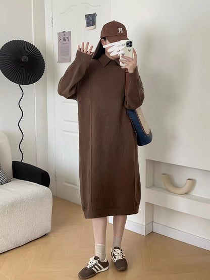 VLOVELAW Autumn and winter new polo collar pullover sweater bottoming skirt solid color long knee lazy loose knitted dress women