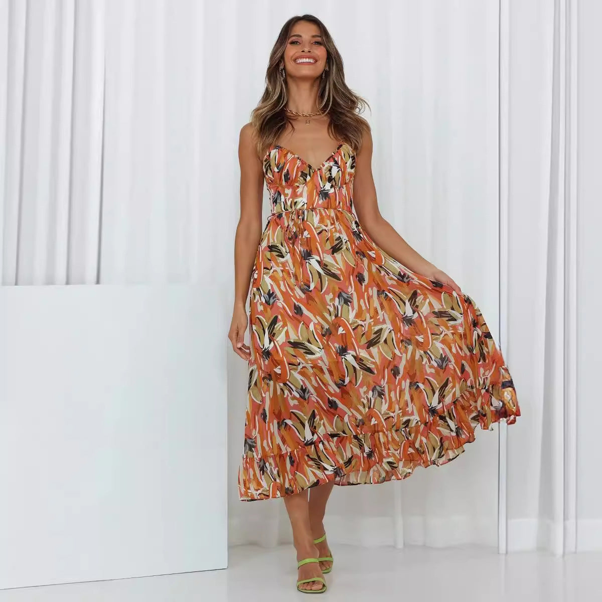 VLOVELAW European and American   Summer New Women's Printing Ruffle Sleeveless Dress