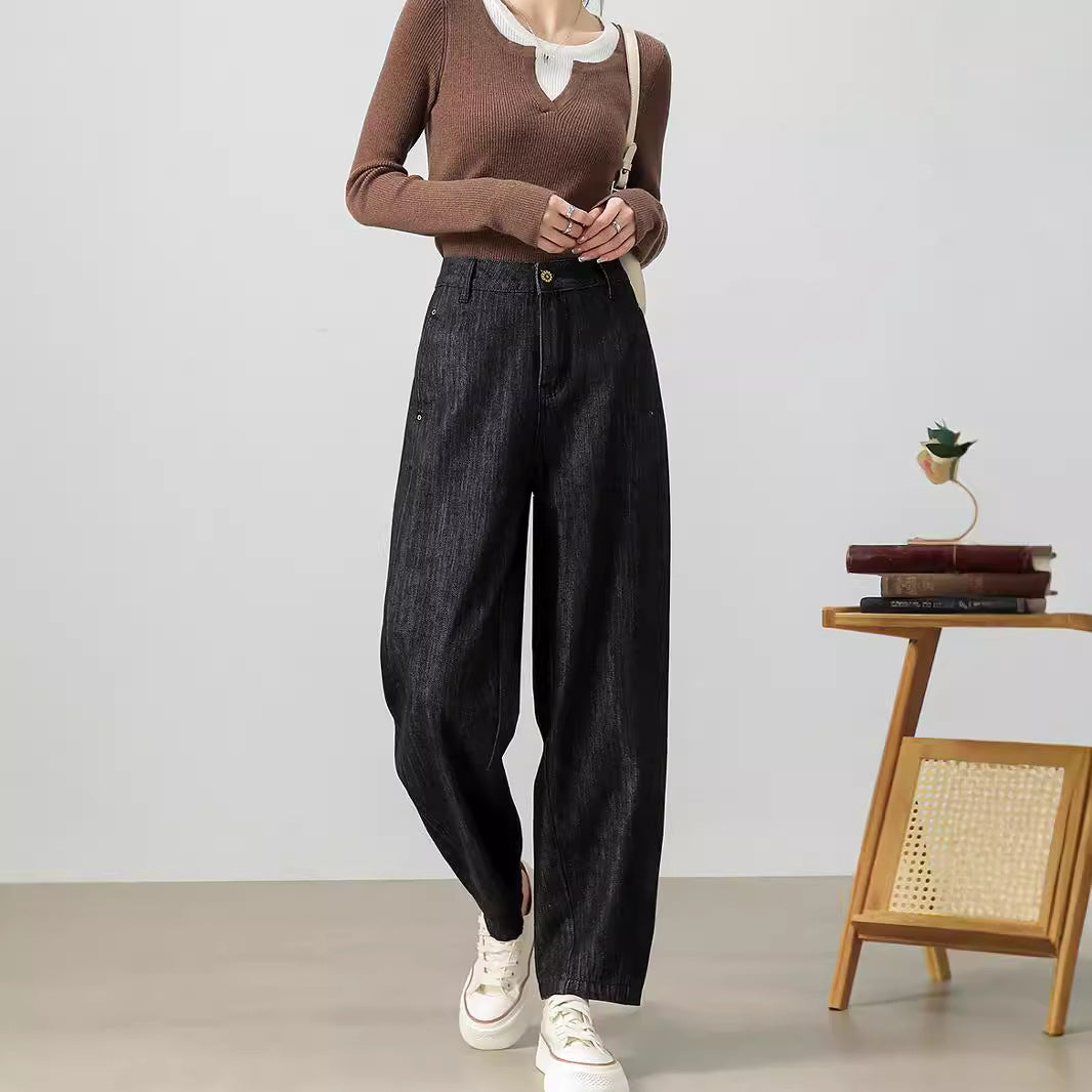 2025    Pure cotton straight Harlan pants women's spring and autumn new elastic waist loose and thin retro fashion jeans