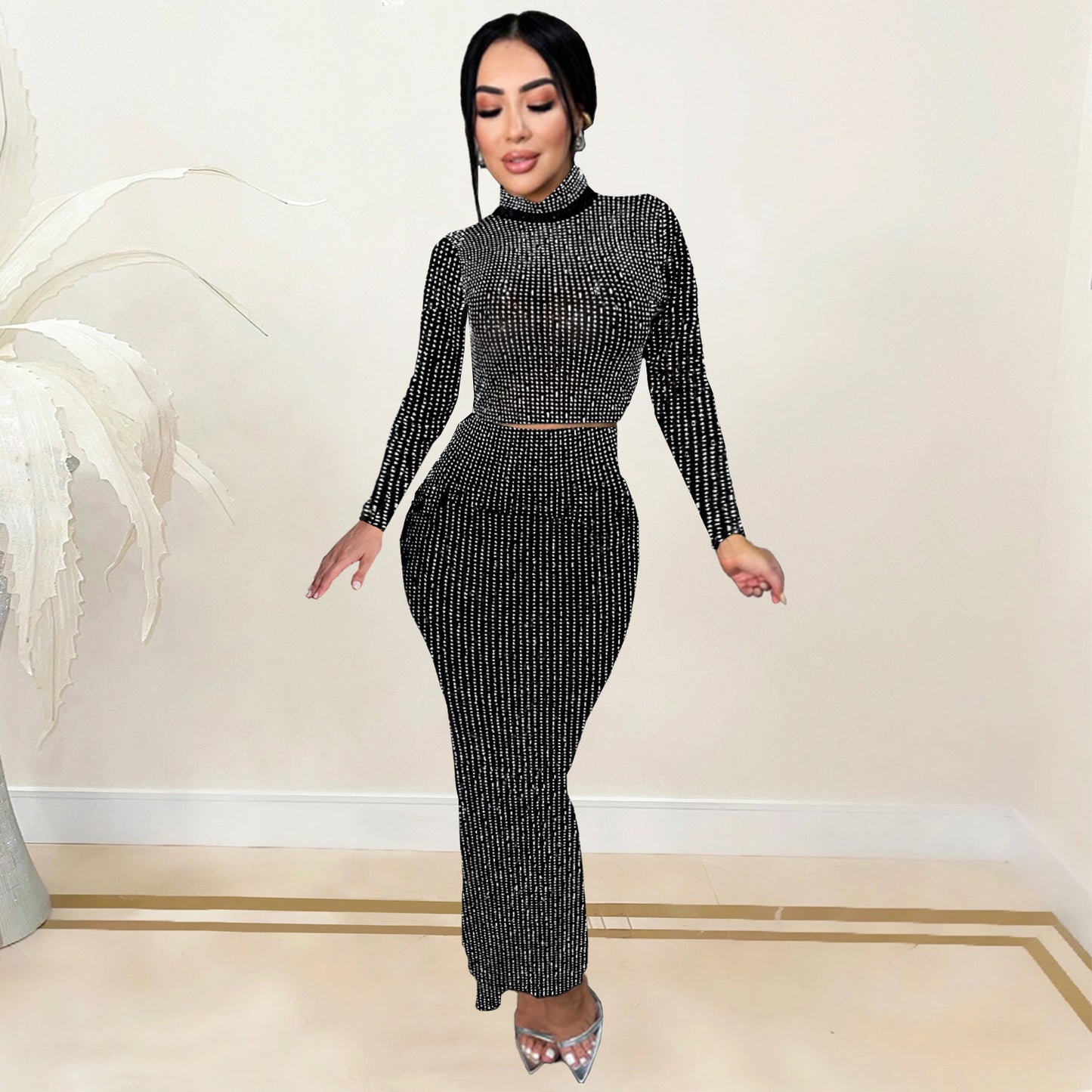 2025 C7093    Popular and  Fashion Women's Clothing Hot Diamond Slim Bag Arm Long Sleeve Two-piece Skirt New