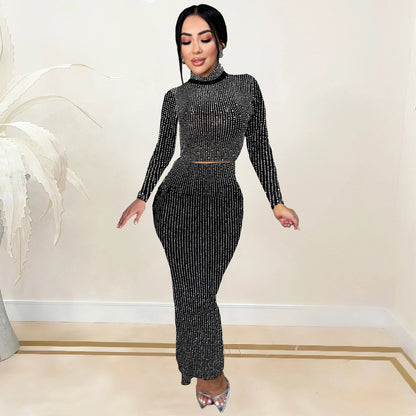 2025 C7093    Popular and  Fashion Women's Clothing Hot Diamond Slim Bag Arm Long Sleeve Two-piece Skirt New