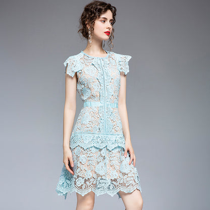 2021 summer new women's clothing heavy industry lace irregular fan skirt flying sleeves scheming slim dress