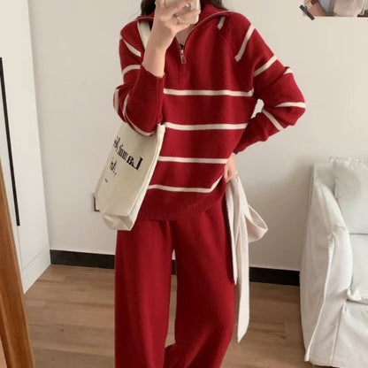 VLOVELAW 秋冬新款撞色毛衣半拉链套装女学院风立领套头上衣阔腿裤两件套女