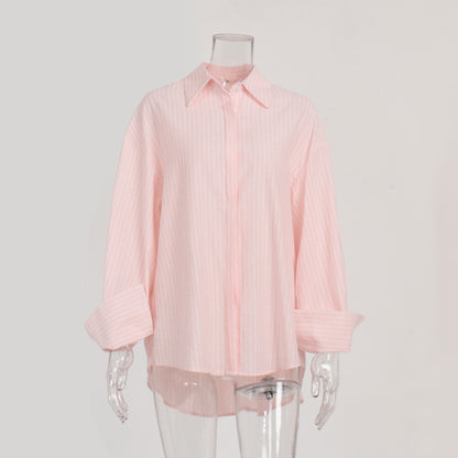 VLOVELAW  striped shirt 2025 popular autumn and winter new casual loose sugar macaron medium and long striped shirt