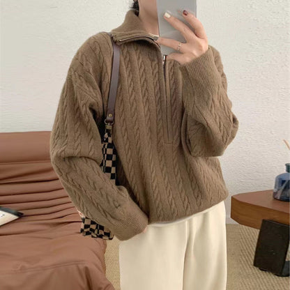 VLOVELAW Korean version New autumn and winter soft waxy knitted top women's retro twist half zipper lazy versatile short sweater jacket