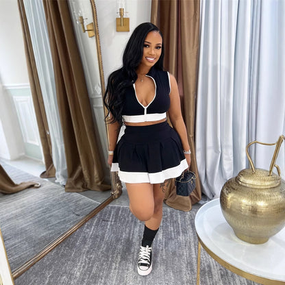 summer  New Popular trade solid color zipper single sleeveless top waist casual skirt suit women