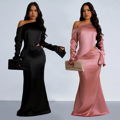 2025 C7120    Popular and  Fashion Women's Clothing Solid Color Slant Shoulder Long Sleeve Fishtail Skirt Set New
