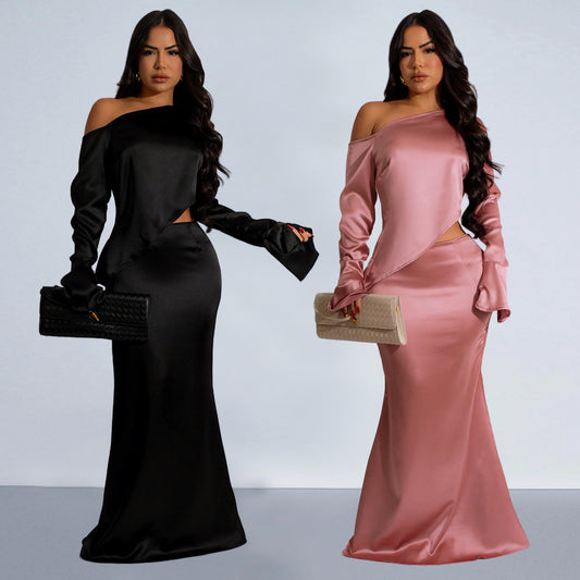 2025 C7120    Popular and  Fashion Women's Clothing Solid Color Slant Shoulder Long Sleeve Fishtail Skirt Set New