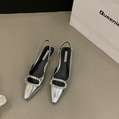 VLOVELAW  Style Chunky Heel Niche Closed Toe Sandals Women's Shoes  New Summer Silver Temperament Rhinestone Pointed Toe Shoes