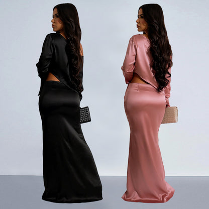 2025 C7120    Popular and  Fashion Women's Clothing Solid Color Slant Shoulder Long Sleeve Fishtail Skirt Set New