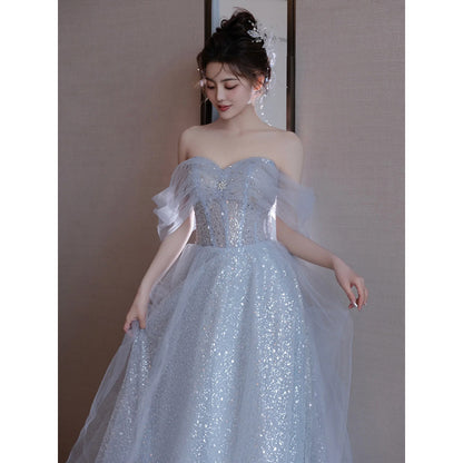 2025 Evening dress advanced sense  new blue banquet temperament light luxury vocal art test host haute couture birthday gauze skirt