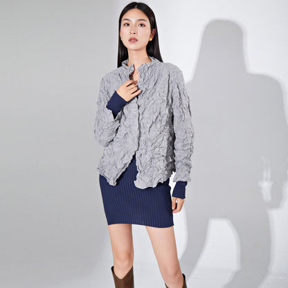 2025 thick cotton jacket women's design sense niche women's clothing autumn new pleated single-breasted cardigan top tide