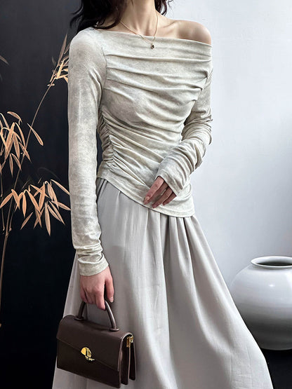 2025 Tachibana popular autumn  temperament light mature suit women's irregular one-word shoulder + high waist skirt 3311