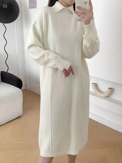 VLOVELAW Autumn and winter new polo collar pullover sweater bottoming skirt solid color long knee lazy loose knitted dress women