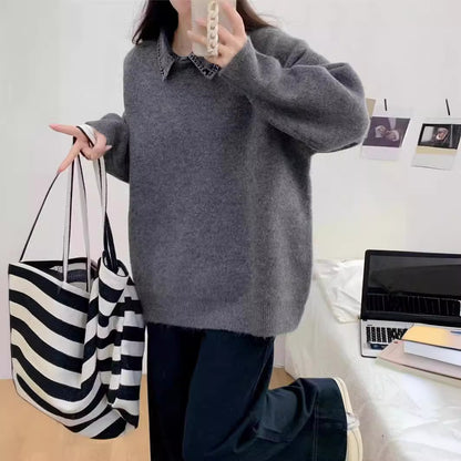 VLOVELAW Grey splicing denim collar fake two-piece sweater women's spring and autumn new versatile loose and thin pullover knitted sweater top