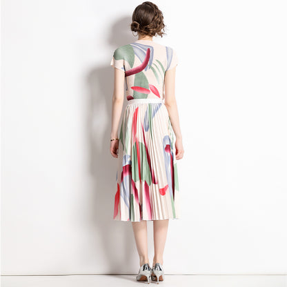 Spring and summer  new pleated suit women's short-sleeved printed T-shirt skirt fashion temperament two-piece set