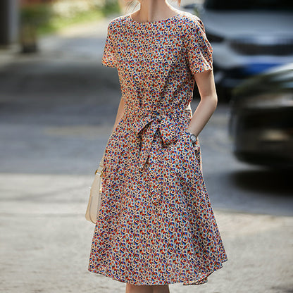 2025 Gentle floral skirt, high sense  new printed summer women's clothing lace-up A-word medium and long dress summer
