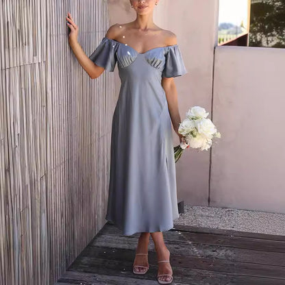 VLOVELAW Foreign Trade Cross-Border Independent Station  Casual Women's Clothing Solid Color Satin Short Sleeve Sexy off-Neck Pleated Dress