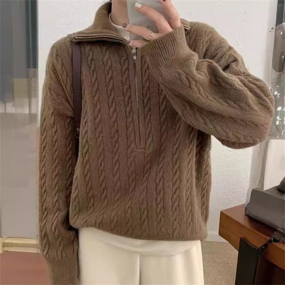 VLOVELAW Korean version New autumn and winter soft waxy knitted top women's retro twist half zipper lazy versatile short sweater jacket