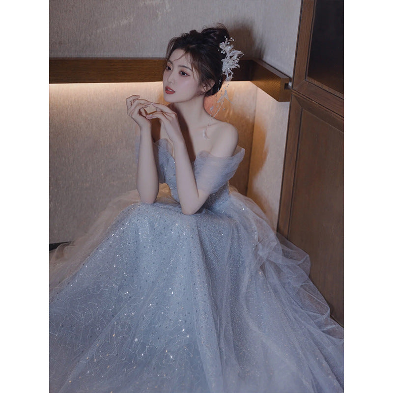 2025 Evening dress advanced sense  new blue banquet temperament light luxury vocal art test host haute couture birthday gauze skirt