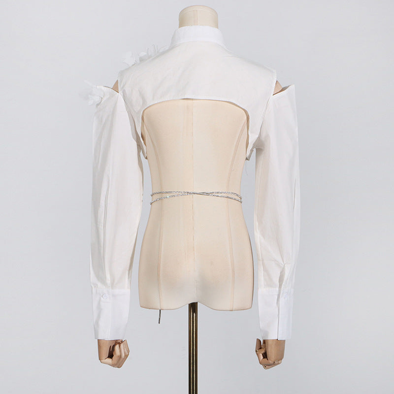2025 early spring new fashion off-the-shoulder feathers irregular design sense lace-up halter shirt top women