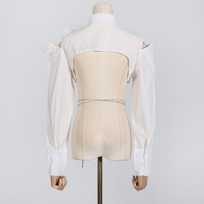 2025 early spring new fashion off-the-shoulder feathers irregular design sense lace-up halter shirt top women