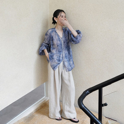 Ramie top high-end, summer ink smudge sunscreen Ramie shirt, thin linen wide-leg pants A0312