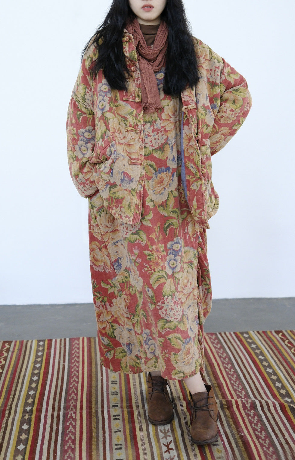 old retro printed loose cotton-padded clothes, heavy industry washed national comfortable casual thickened jacket M22338