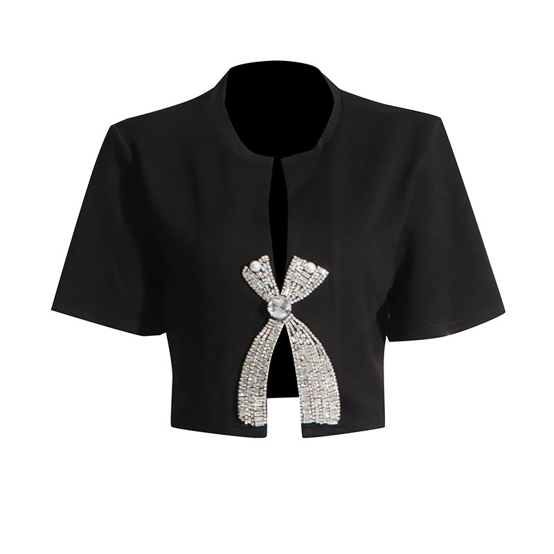 2025 summer new diamond sequined bow design short-sleeved T-shirt women's niche design short top