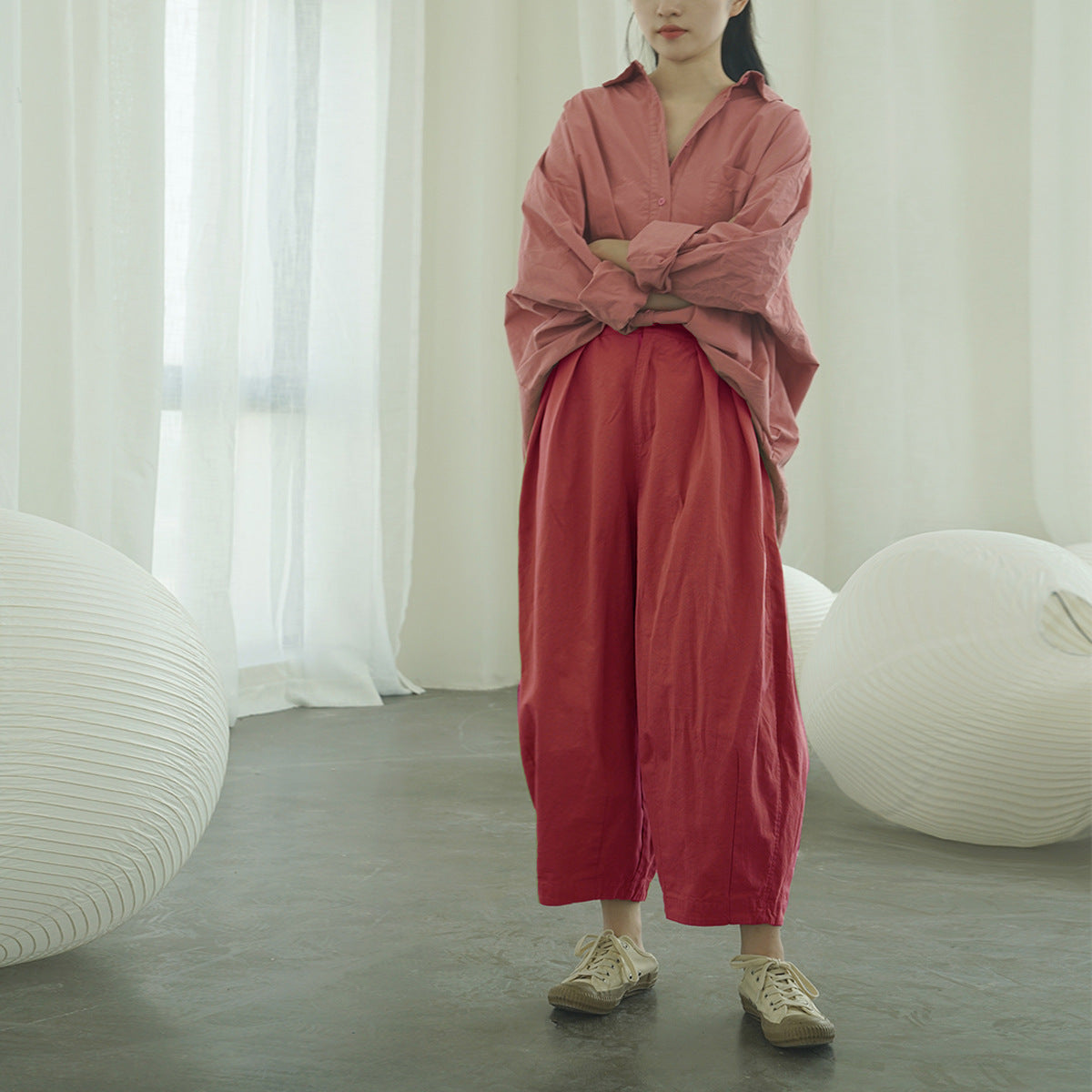 Retro literary and simple paper bloomers, retro versatile and thin casual tooling straight-leg pants K22299