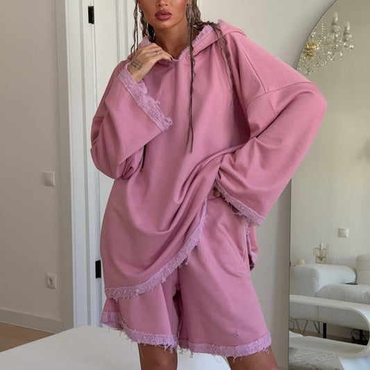 trendy brand fashion street style oversize rough edge hooded top elastic waist five-point pants sweater suit women