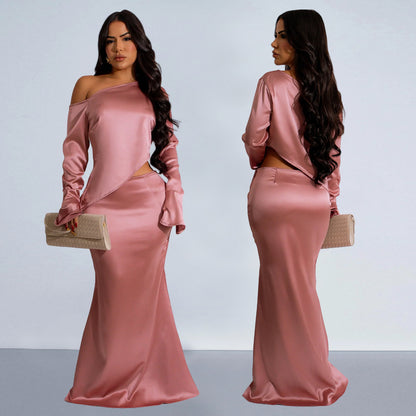 2025 C7120    Popular and  Fashion Women's Clothing Solid Color Slant Shoulder Long Sleeve Fishtail Skirt Set New