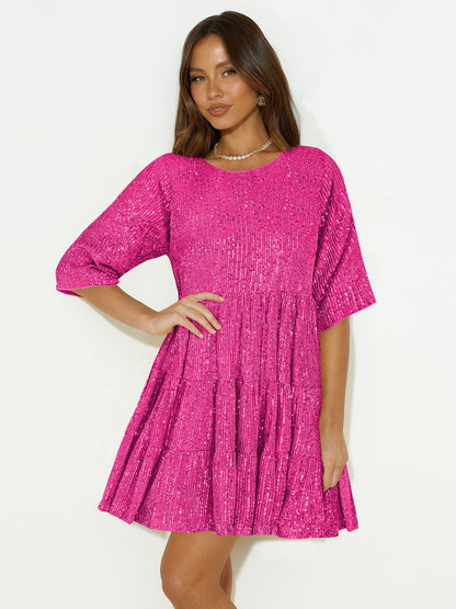 XIEYINSHE Europe and America Cross Border Foreign Trade Popular Style Fashion Pure Color Sequins Loose Waist Short Sleeve Swing Skirt Dress