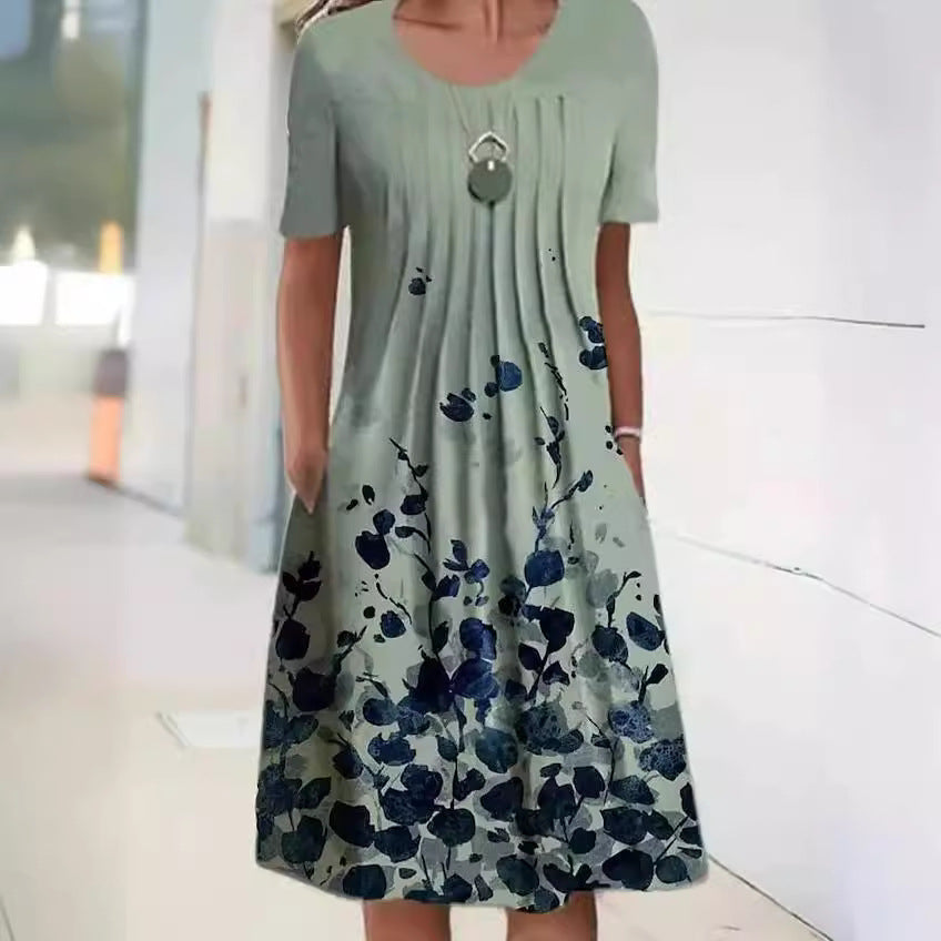 VLOVELAW Cross-Border Foreign Trade    Wish Spring/Summer Floral Print round Neck Pullover Mid-Length Dress Women