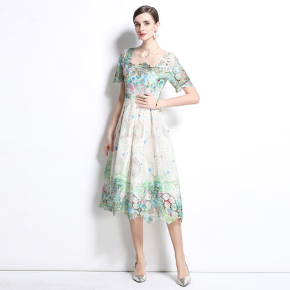 Medium and long hollow water-soluble lace dress women's short-sleeved spring and summer  new slim-fit temperament high-end skirt