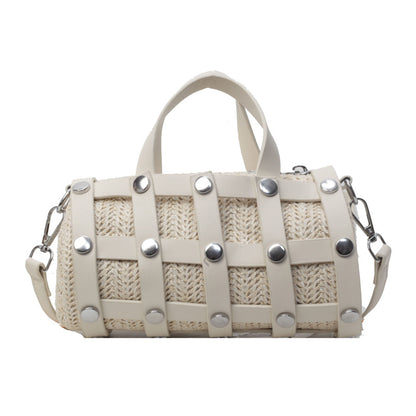 VLOVELAW 2025 Straw rivet pillow bag women's popular new fashion versatile shoulder messenger bag Korean version niche portable cylinder bag