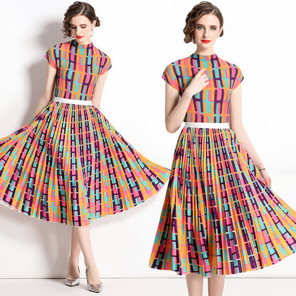 Pleated  summer dress Popular style printed top set fashionable and thin skirt two-piece set chiffon wear