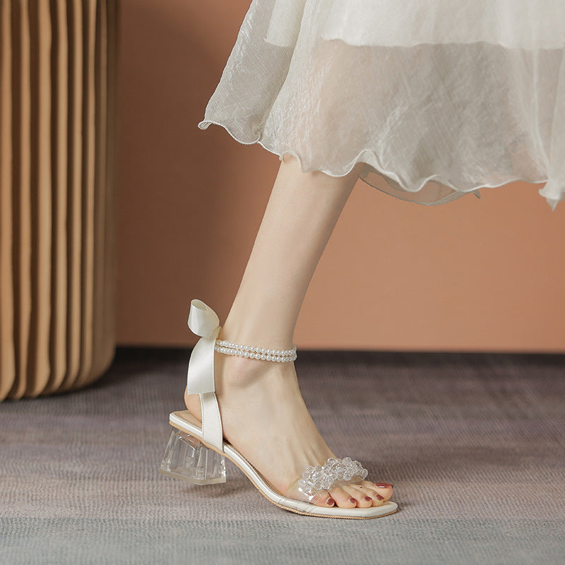VLOVELAW  Internet Hot Sandals Women Summer Mid Heel  New Fashion Bowknot Pearl Crystal Heel High Heels Fairy Style