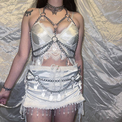 2025  YH3583 2025 hot-selling acrylic crystal pendant metal chain joint hollow small vest body chain skirt