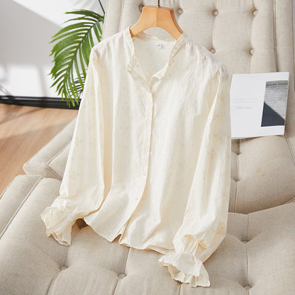 direct sales apricot embroidered shirt women's long sleeves  spring new lace top pure cotton embroidered white shirt