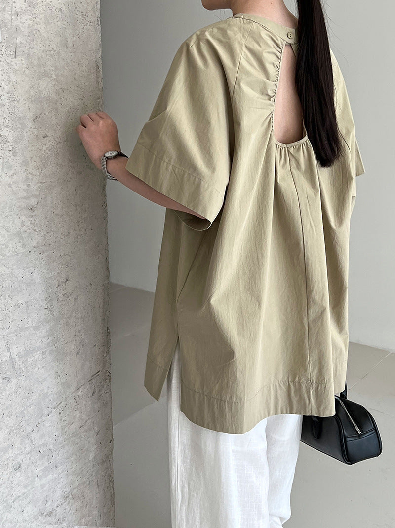 Luxi Korean version back hollow short-sleeved shirt women's summer new lazy wind loose backless shirt top 9733