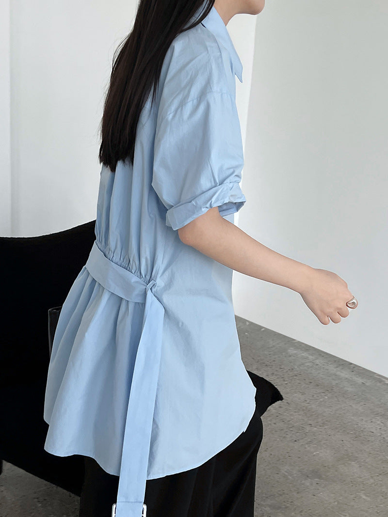 Luxi Korean niche design belt shirt women's summer new buckle loop strap waist short-sleeved top 8745