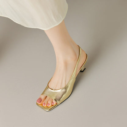 Women's Square Toe Peep Toe Cowhide Thick Heel Sandals Summer New Shallow Mouth Simple Back Empty Slip-on Elegant High Heel Women's Shoes