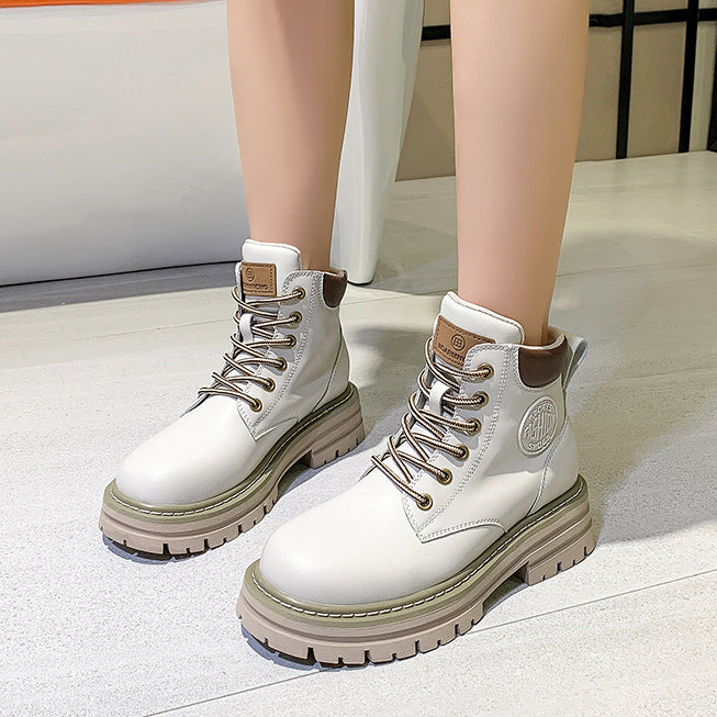 [Gao Ding Silk Cowhide]  New Hight Increasing Martin Boots Women's Ankle Boots with Thick Sole Worker Boots