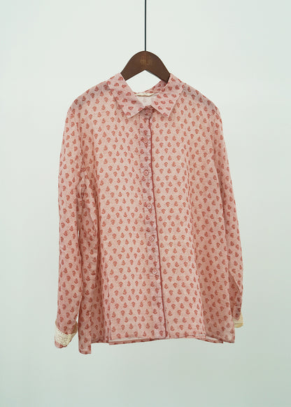 casual and literary early autumn floral lapel ramie shirt, retro nostalgic classic thin top S22272