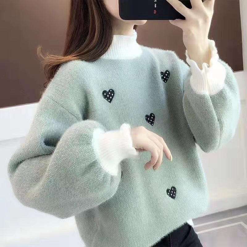 VLOVELAW New sweater women's New autumn and winter loose lazy wind semi-turtleneck pullover thickened knitted bottoming shirt top