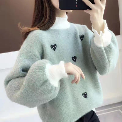 VLOVELAW New sweater women's New autumn and winter loose lazy wind semi-turtleneck pullover thickened knitted bottoming shirt top