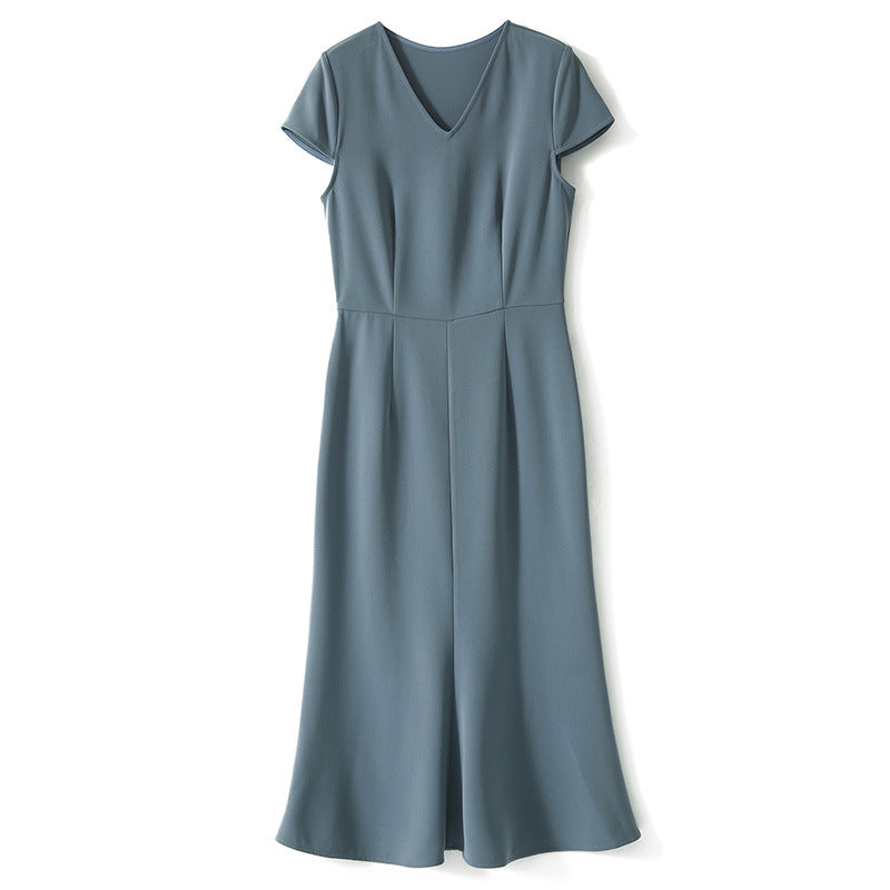 2025 Triacetic acid fishtail skirt, thousand gold waist dress V-neck medium and long Hangzhou four-season green women's clothing spring and summer