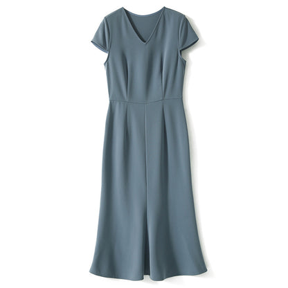 2025 Triacetic acid fishtail skirt, thousand gold waist dress V-neck medium and long Hangzhou four-season green women's clothing spring and summer
