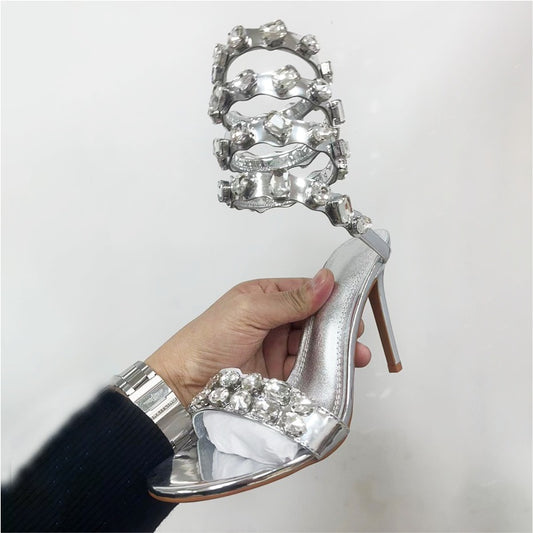 Factory Direct Supply Snakelike Winding Sandals Women's European and American Stiletto Open Toe Colorful Rhinestone Sexy Ankle Lace-up High Heels